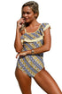 Sexy Stylish Print Ruffle One Shoulder Teddy Swimsuit